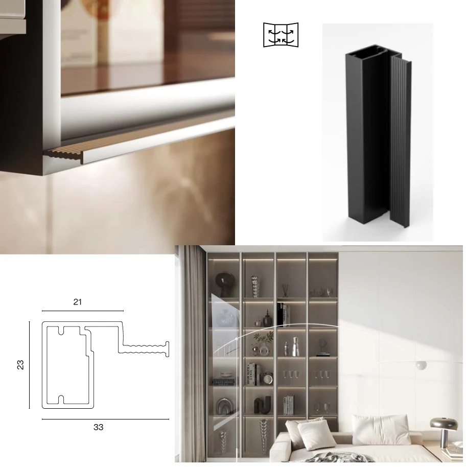 Sistema de Vitrina DARDO Minimalista con Tirador Estriado y Bisagra para peril de aluminio dardo